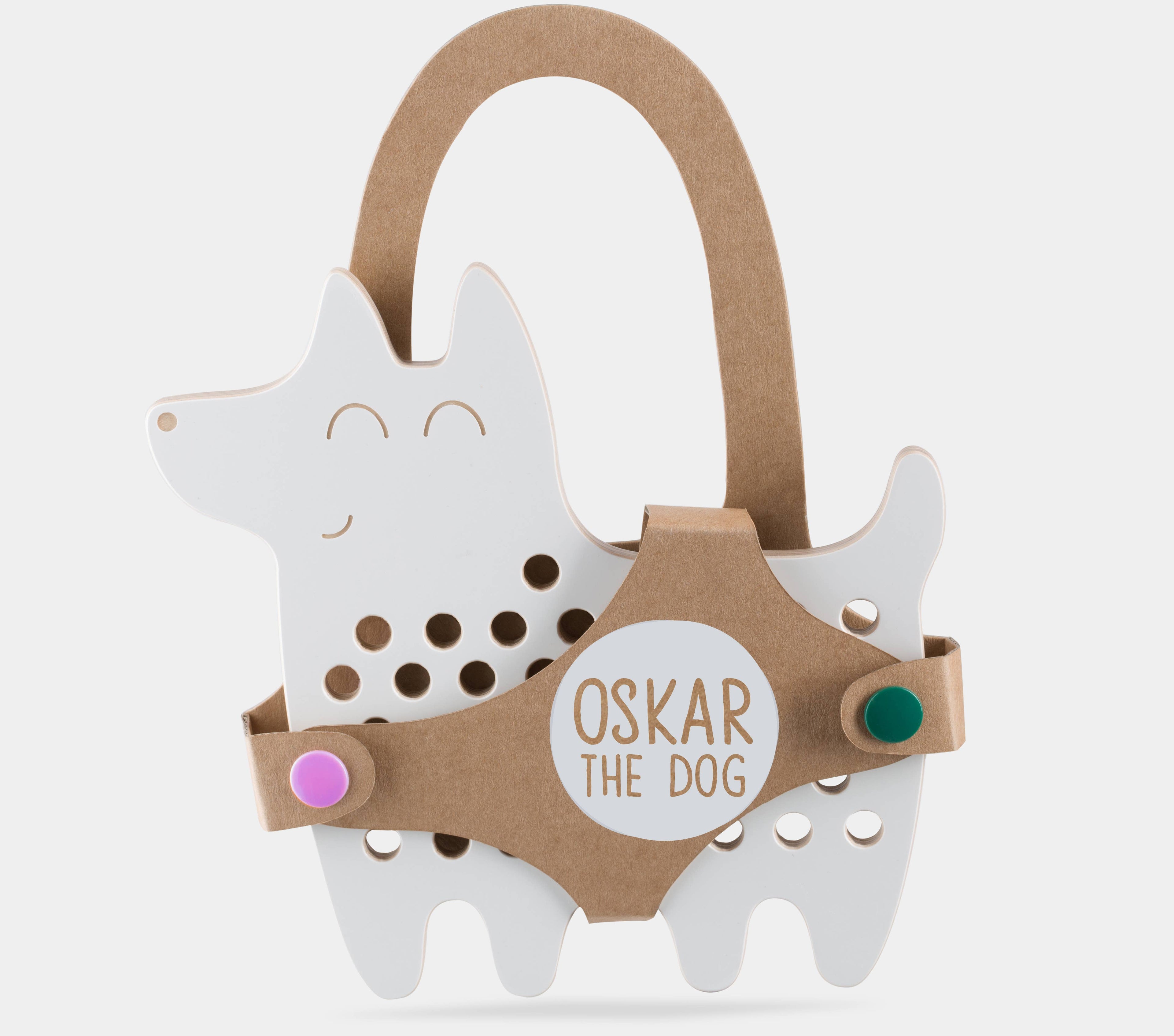 Oskar el Perro, juguete de madera con cordones