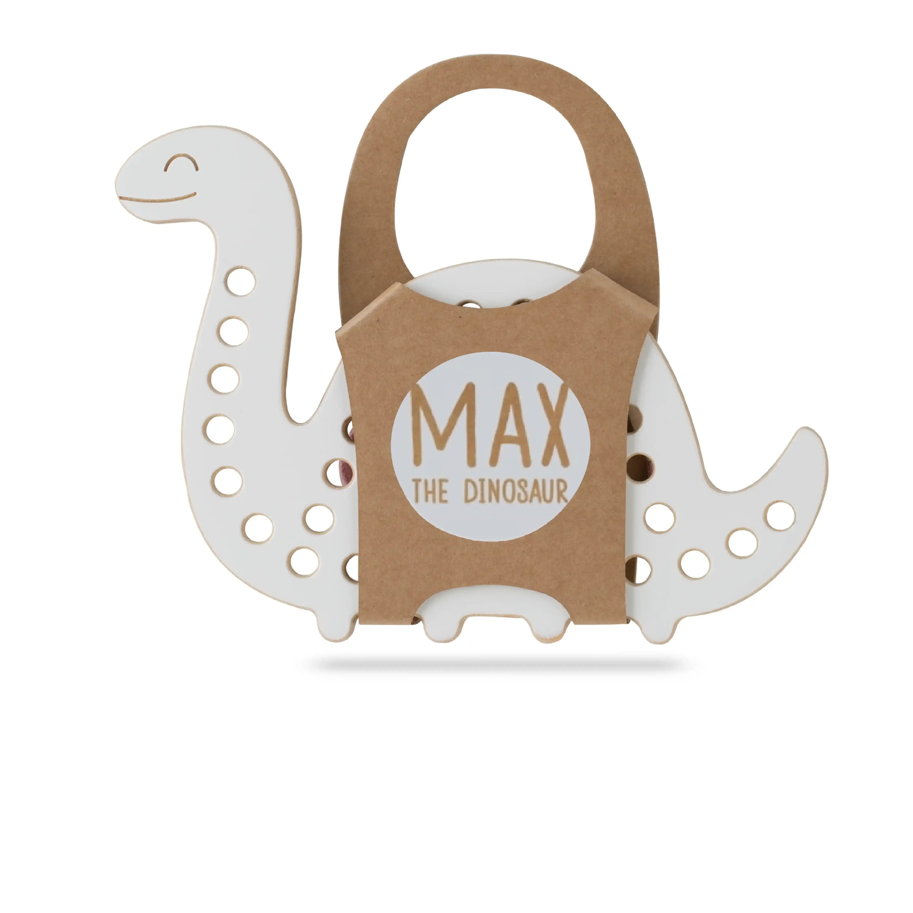 Max el Dinosaurio, juguete de madera con cordones