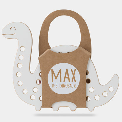 Max el Dinosaurio, juguete de madera con cordones